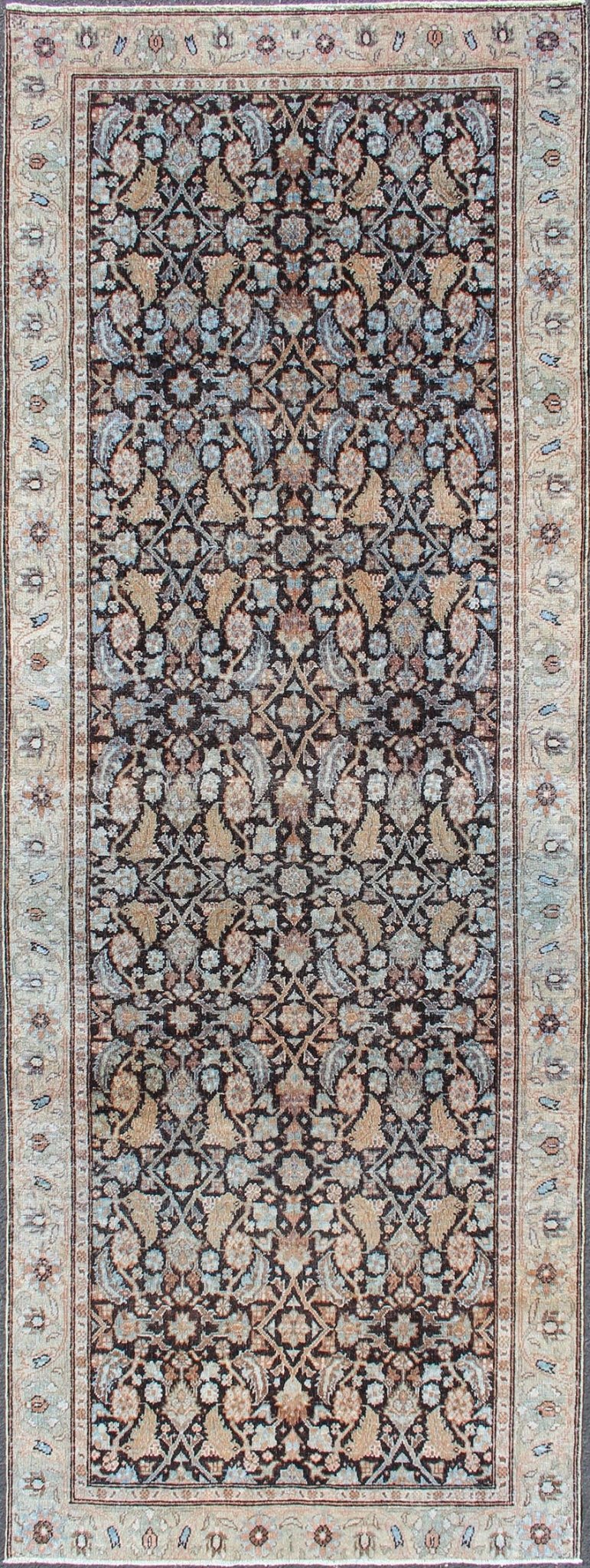 Multi Color Distressed Antique Persian Tabriz Runner with Herati Design in Black Background, Distressed Persian Runner, Distressed Antique Runner, Distressed Antique Persian Runner. Tabriz antique Persian Runner with all - over Herati design in bl... - Keivan Woven ArtsSUS - 1909 - 447 - 3395Rug