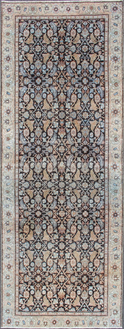 Multi Color Distressed Antique Persian Tabriz Runner with Herati Design in Black Background, Distressed Persian Runner, Distressed Antique Runner, Distressed Antique Persian Runner. Tabriz antique Persian Runner with all - over Herati design in bl... - Keivan Woven ArtsSUS - 1909 - 447 - 3395Rug