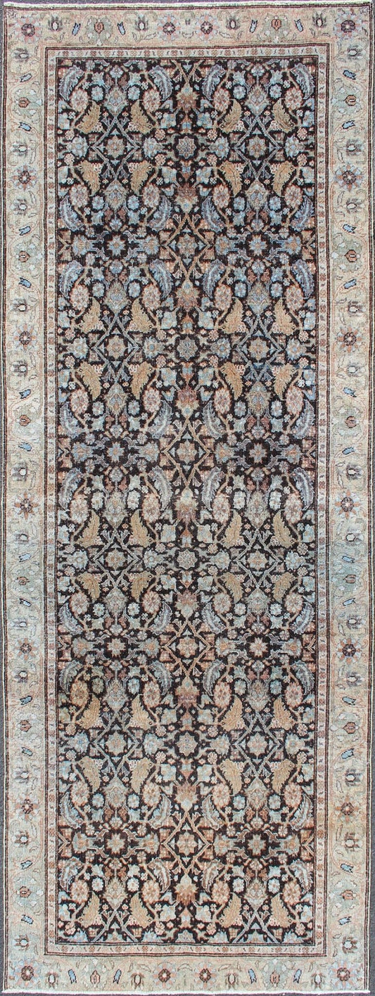 Multi Color Distressed Antique Persian Tabriz Runner with Herati Design in Black Background, Distressed Persian Runner, Distressed Antique Runner, Distressed Antique Persian Runner. Tabriz antique Persian Runner with all - over Herati design in bl... - Keivan Woven ArtsSUS - 1909 - 447 - 3395Rug