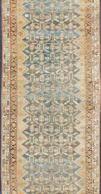 Antique Persian Malayer Runner with Teal, Gray, Blue and Brown in all over Geometric Design kwarugs Malayer antique Runner from Persia with geometric design, rug SUS - 1909 - 456, country of origin / type: Iran / Malayer, circa 1920. This ant... - Keivan Woven ArtsSUS - 1909 - 456 - 3399Rug