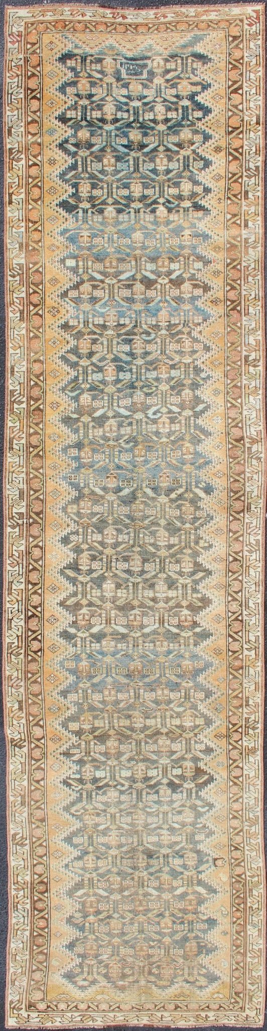 Antique Persian Malayer Runner with Teal, Gray, Blue and Brown in all over Geometric Design kwarugs Malayer antique Runner from Persia with geometric design, rug SUS - 1909 - 456, country of origin / type: Iran / Malayer, circa 1920. This ant... - Keivan Woven ArtsSUS - 1909 - 456 - 3399