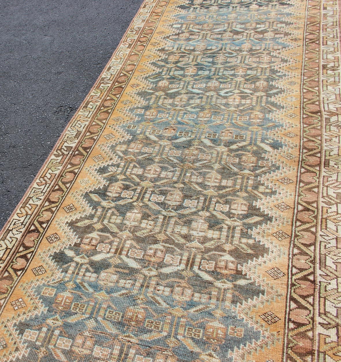 Antique Persian Malayer Runner with Teal, Gray, Blue and Brown in all over Geometric Design kwarugs Malayer antique Runner from Persia with geometric design, rug SUS - 1909 - 456, country of origin / type: Iran / Malayer, circa 1920. This ant... - Keivan Woven ArtsSUS - 1909 - 456 - 3399Rug