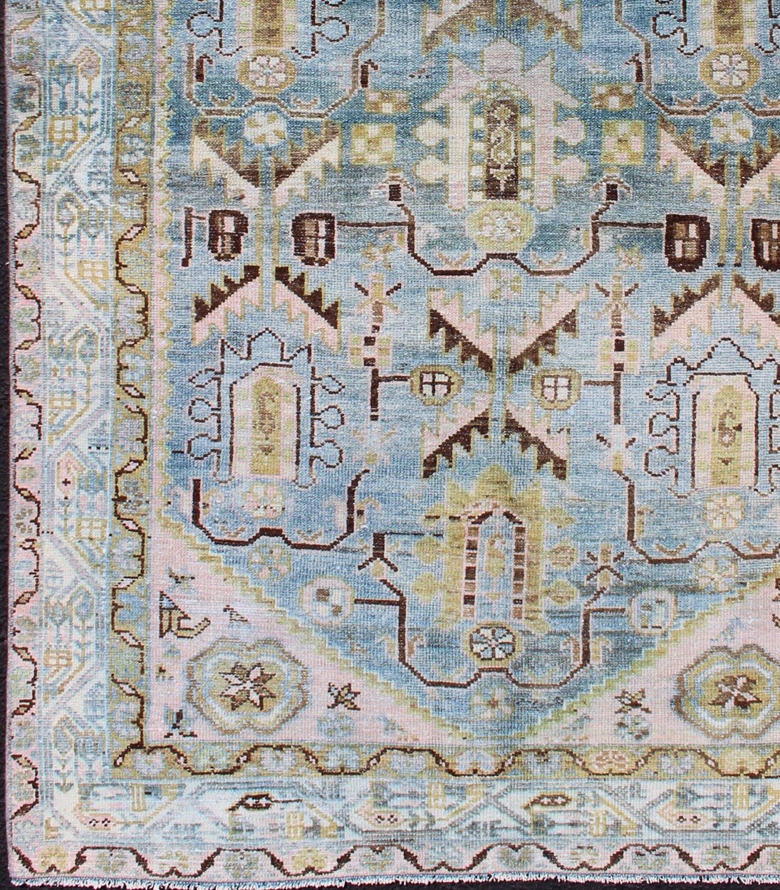 Antique Geometric Design Persian Malayer Rug in Light Blue, Pink, and Green kwarugs Geometric style Malayer antique rug, rug SUS - 1909 - 470, country of origin / type: Iran / Malayer, circa 1920. Antique geometric design Persian Malayer rug in l... - Keivan Woven ArtsSUS - 1909 - 470 - 11455
