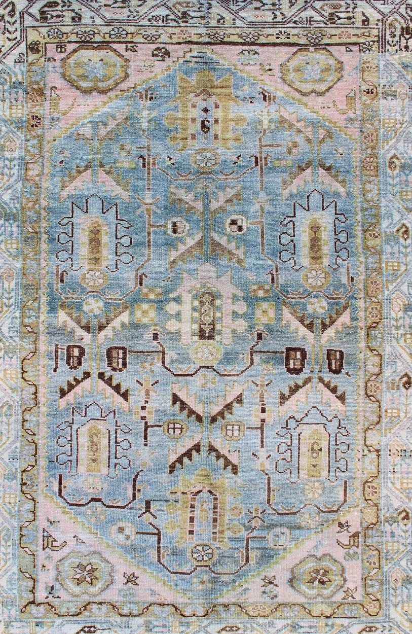 Antique Geometric Design Persian Malayer Rug in Light Blue, Pink, and Green kwarugs Geometric style Malayer antique rug, rug SUS - 1909 - 470, country of origin / type: Iran / Malayer, circa 1920. Antique geometric design Persian Malayer rug in l... - Keivan Woven ArtsSUS - 1909 - 470 - 11455