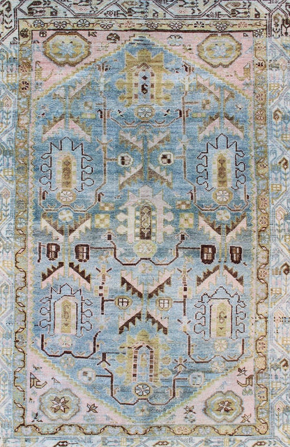 Antique Geometric Design Persian Malayer Rug in Light Blue, Pink, and Green kwarugs Geometric style Malayer antique rug, rug SUS - 1909 - 470, country of origin / type: Iran / Malayer, circa 1920. Antique geometric design Persian Malayer rug in l... - Keivan Woven ArtsSUS - 1909 - 470 - 11455