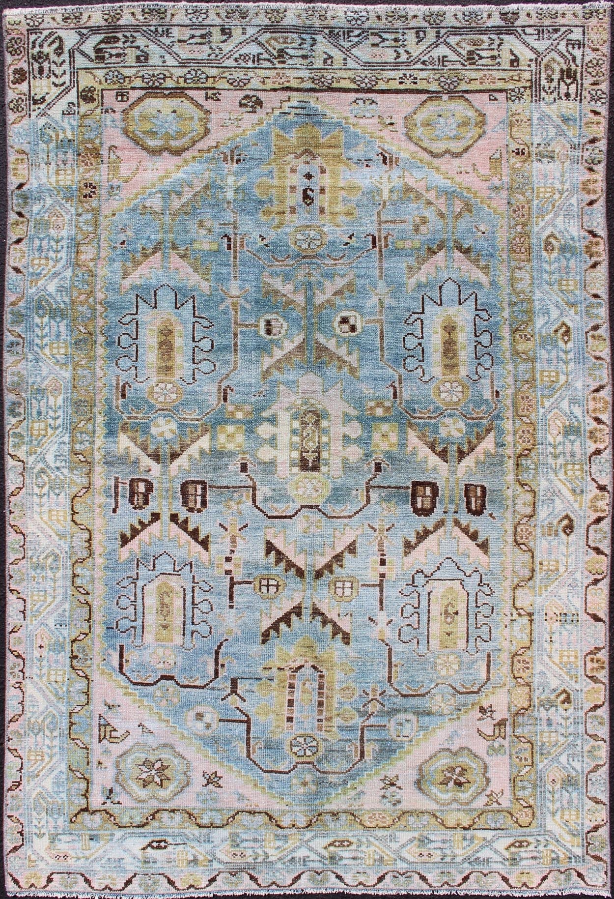 Antique Geometric Design Persian Malayer Rug in Light Blue, Pink, and Green kwarugs Geometric style Malayer antique rug, rug SUS - 1909 - 470, country of origin / type: Iran / Malayer, circa 1920. Antique geometric design Persian Malayer rug in l... - Keivan Woven ArtsSUS - 1909 - 470 - 11455