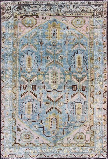Antique Geometric Design Persian Malayer Rug in Light Blue, Pink, and Green kwarugs Geometric style Malayer antique rug, rug SUS - 1909 - 470, country of origin / type: Iran / Malayer, circa 1920. Antique geometric design Persian Malayer rug in l... - Keivan Woven ArtsSUS - 1909 - 470 - 11455