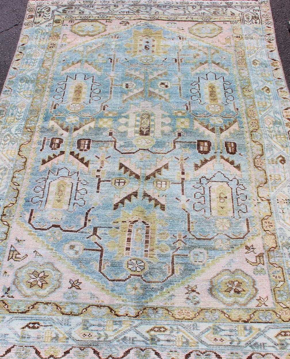 Antique Geometric Design Persian Malayer Rug in Light Blue, Pink, and Green kwarugs Geometric style Malayer antique rug, rug SUS - 1909 - 470, country of origin / type: Iran / Malayer, circa 1920. Antique geometric design Persian Malayer rug in l... - Keivan Woven ArtsSUS - 1909 - 470 - 11455