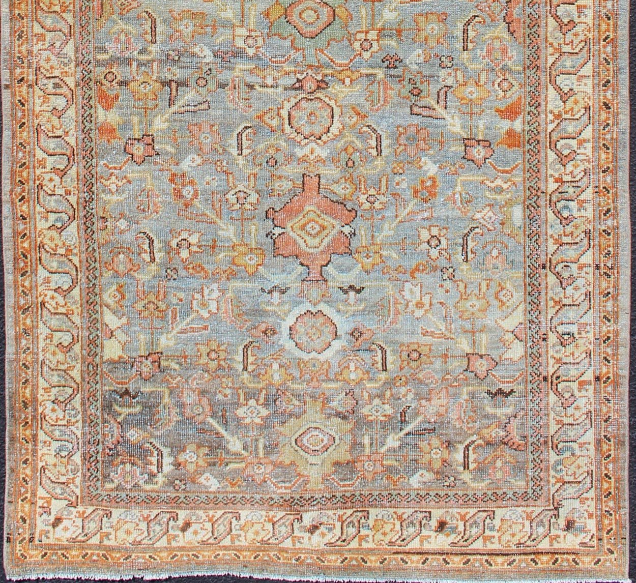 Antique Sultanabad with Muted background and Hints of Red and Orange Persian Sultanabad antique rug with floral design in Gray, green, blue, and red colors with all - over pattern, rug SUS - 2002 - 642, country of origin / type: Iran / Sultanabad circ... - Keivan Woven ArtsSUS - 2002 - 642 - 12701Rug