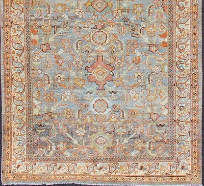 Antique Sultanabad with Muted background and Hints of Red and Orange Persian Sultanabad antique rug with floral design in Gray, green, blue, and red colors with all - over pattern, rug SUS - 2002 - 642, country of origin / type: Iran / Sultanabad circ... - Keivan Woven ArtsSUS - 2002 - 642 - 12701Rug