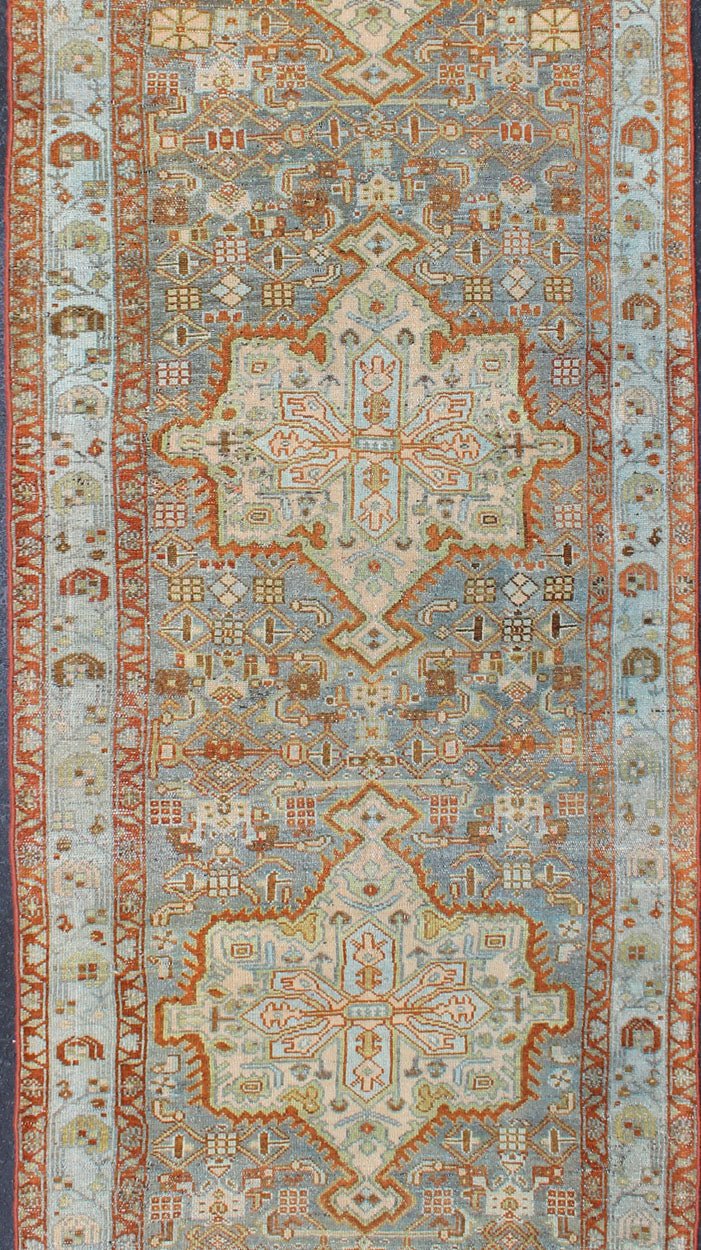 Gray Blue & Red Antique Persian Long Malayer Runner with Geometric Design Colorful Floral Geometric Persian Malayer antique runner with vertical medallions. Keivan Woven Arts / rug SUS - 2007 - 307, country of origin / type: Iran / Malayer, circa 1... - Keivan Woven ArtsSUS - 2007 - 307 - 13080Rug