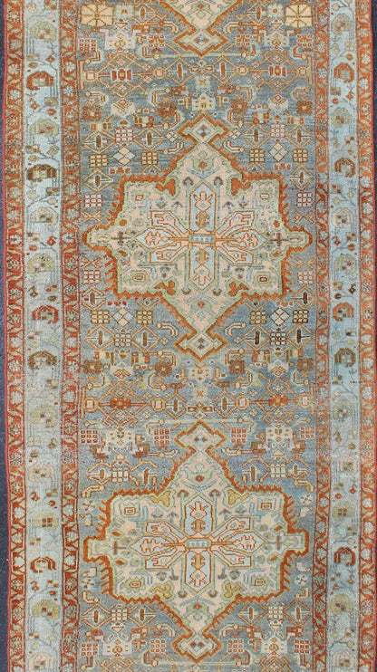 Gray Blue & Red Antique Persian Long Malayer Runner with Geometric Design Colorful Floral Geometric Persian Malayer antique runner with vertical medallions. Keivan Woven Arts / rug SUS - 2007 - 307, country of origin / type: Iran / Malayer, circa 1... - Keivan Woven ArtsSUS - 2007 - 307 - 13080Rug