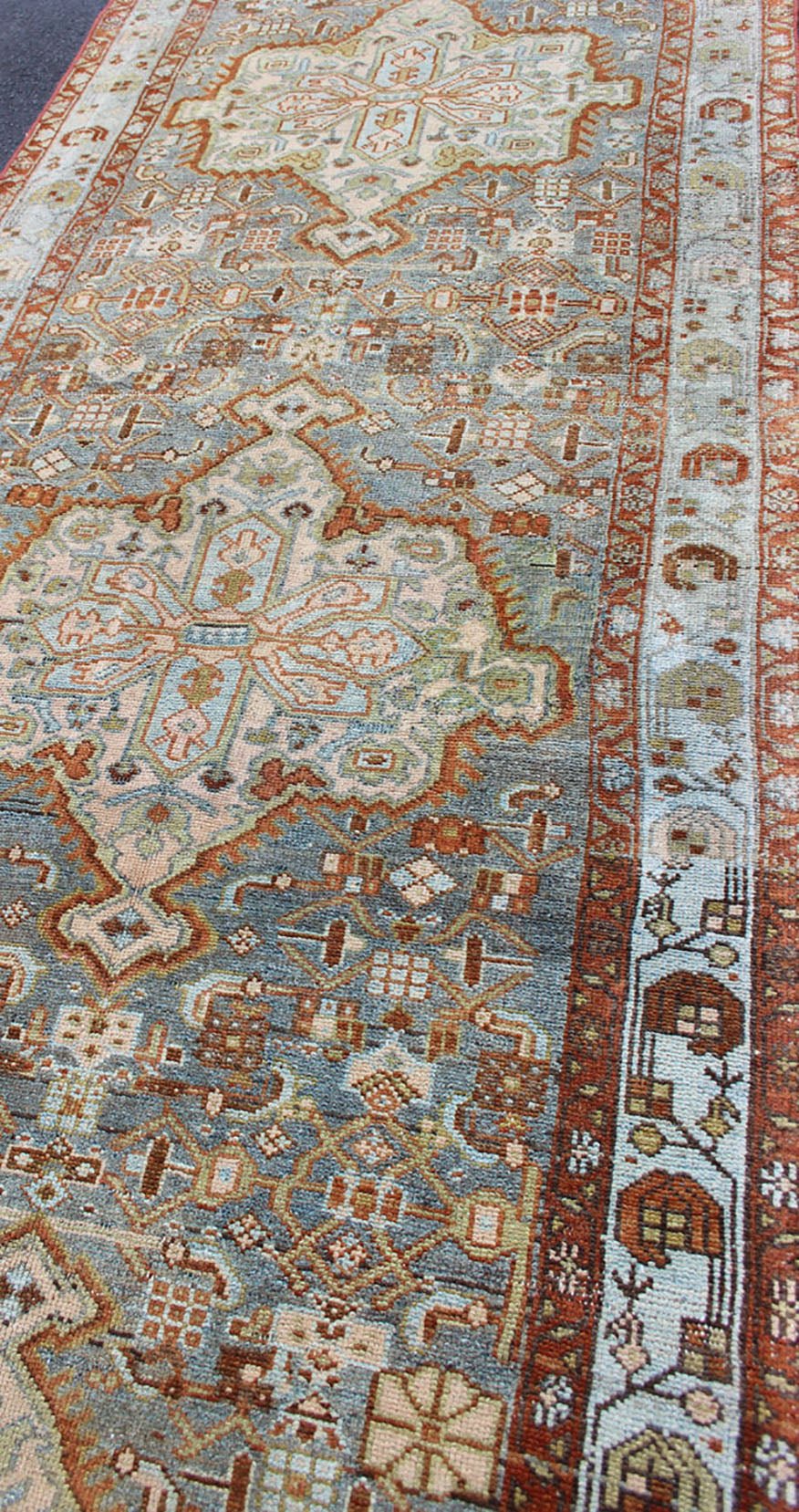 Gray Blue & Red Antique Persian Long Malayer Runner with Geometric Design Colorful Floral Geometric Persian Malayer antique runner with vertical medallions. Keivan Woven Arts / rug SUS - 2007 - 307, country of origin / type: Iran / Malayer, circa 1... - Keivan Woven ArtsSUS - 2007 - 307 - 13080Rug