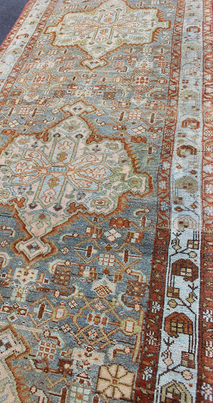 Gray Blue & Red Antique Persian Long Malayer Runner with Geometric Design Colorful Floral Geometric Persian Malayer antique runner with vertical medallions. Keivan Woven Arts / rug SUS - 2007 - 307, country of origin / type: Iran / Malayer, circa 1... - Keivan Woven ArtsSUS - 2007 - 307 - 13080Rug