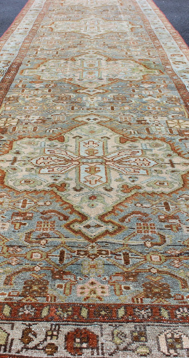 Gray Blue & Red Antique Persian Long Malayer Runner with Geometric Design Colorful Floral Geometric Persian Malayer antique runner with vertical medallions. Keivan Woven Arts / rug SUS - 2007 - 307, country of origin / type: Iran / Malayer, circa 1... - Keivan Woven ArtsSUS - 2007 - 307 - 13080Rug