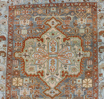 Gray Blue & Red Antique Persian Long Malayer Runner with Geometric Design Colorful Floral Geometric Persian Malayer antique runner with vertical medallions. Keivan Woven Arts / rug SUS - 2007 - 307, country of origin / type: Iran / Malayer, circa 1... - Keivan Woven ArtsSUS - 2007 - 307 - 13080Rug
