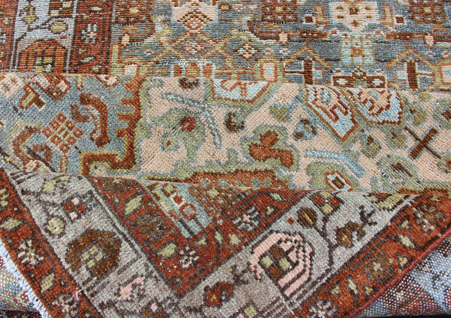 Gray Blue & Red Antique Persian Long Malayer Runner with Geometric Design Colorful Floral Geometric Persian Malayer antique runner with vertical medallions. Keivan Woven Arts / rug SUS - 2007 - 307, country of origin / type: Iran / Malayer, circa 1... - Keivan Woven ArtsSUS - 2007 - 307 - 13080Rug