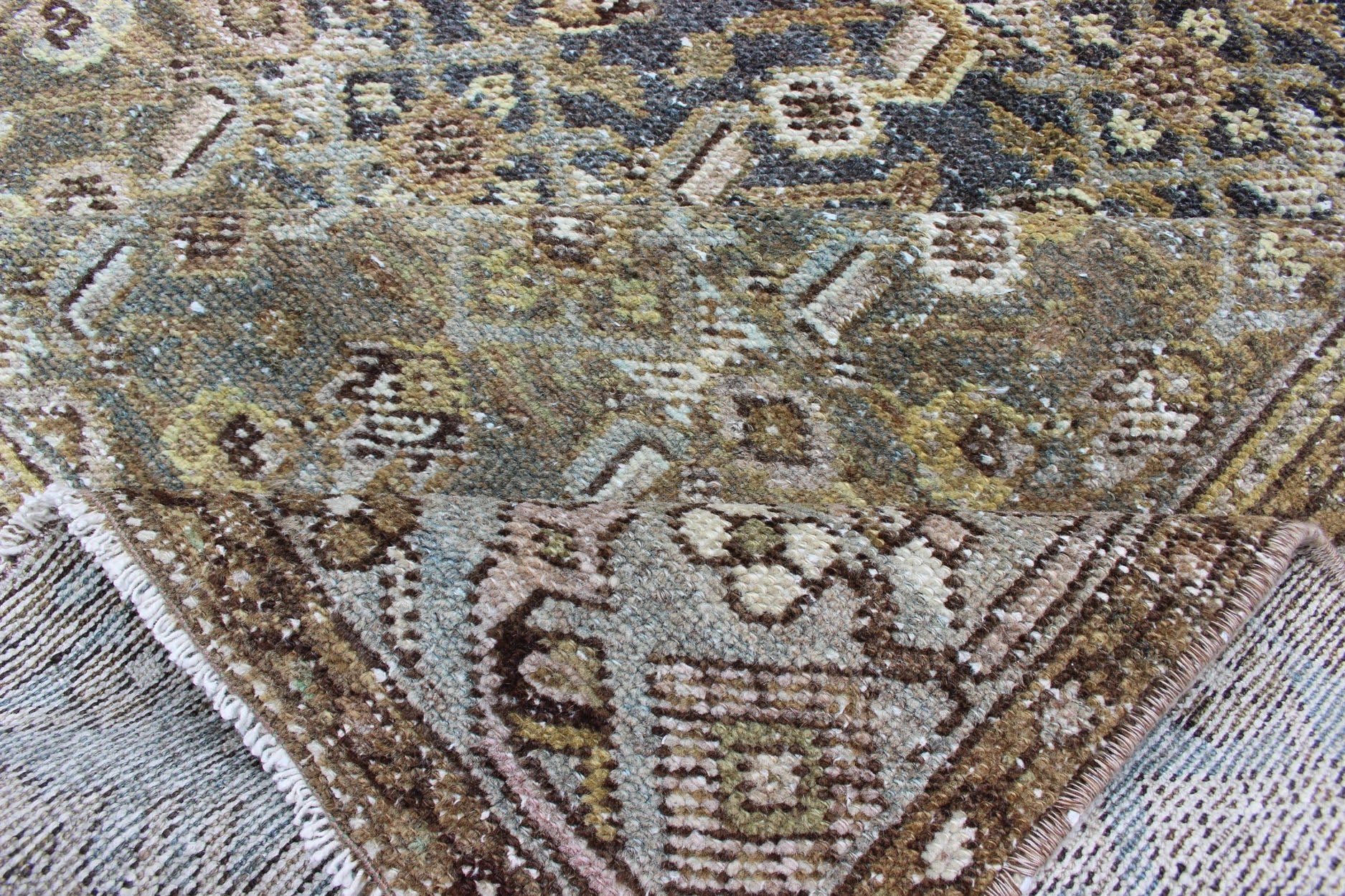 Wide and Long Antique Persian Malayer Runner with All - Over Design in Dark Gray. Rare Persian Malayer Antique wide runner with all - over Herati design in dark gray background and variation of blue, yellow green, light gray, soft yellow, rug SUS - 2007 - ... - Keivan Woven ArtsSUS - 2007 - 38 - 13056