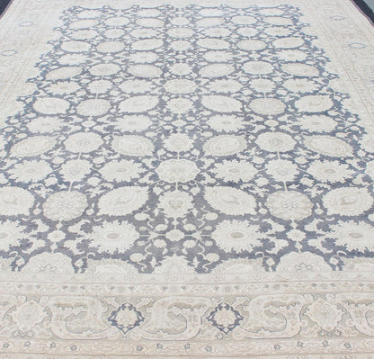 Large Vintage Tabriz Rug with All - Over Motif Design in Steel Blue and Tans Steel blue background, tan and gray Tabriz rug from Persia with Repeating Geometric design. Keivan Woven Arts / rug SUS - 2009 - 516, country of origin / type: Iran / Tabriz,... - Keivan Woven ArtsSUS - 2009 - 516 - 13330Rug
