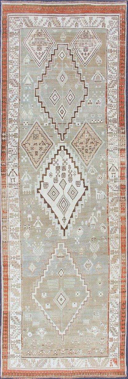 Kurdish Antique Runner with Tribal Design in Light Green, Taupe & Orange - Red Antique Kurdish runner antique with tribal geometric medallions in soft green, and orangey - red border. Traditional medallion Kurdish runner in variety of colors, rug S... - Keivan Woven ArtsSUS - 2009 - 553 - 13272Rug
