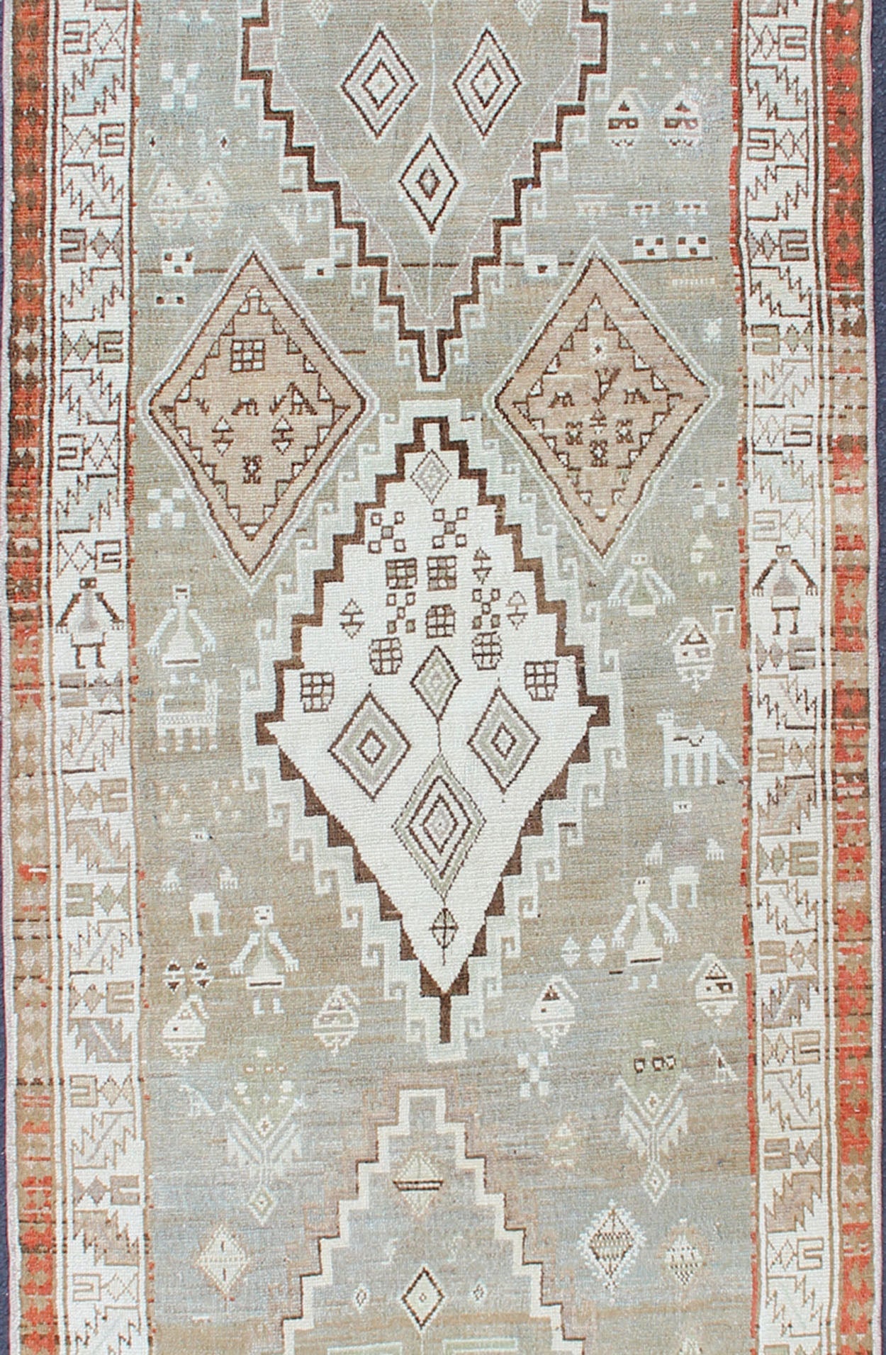 Kurdish Antique Runner with Tribal Design in Light Green, Taupe & Orange - Red Antique Kurdish runner antique with tribal geometric medallions in soft green, and orangey - red border. Traditional medallion Kurdish runner in variety of colors, rug S... - Keivan Woven ArtsSUS - 2009 - 553 - 13272