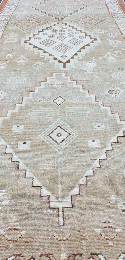 Kurdish Antique Runner with Tribal Design in Light Green, Taupe & Orange - Red Antique Kurdish runner antique with tribal geometric medallions in soft green, and orangey - red border. Traditional medallion Kurdish runner in variety of colors, rug S... - Keivan Woven ArtsSUS - 2009 - 553 - 13272Rug