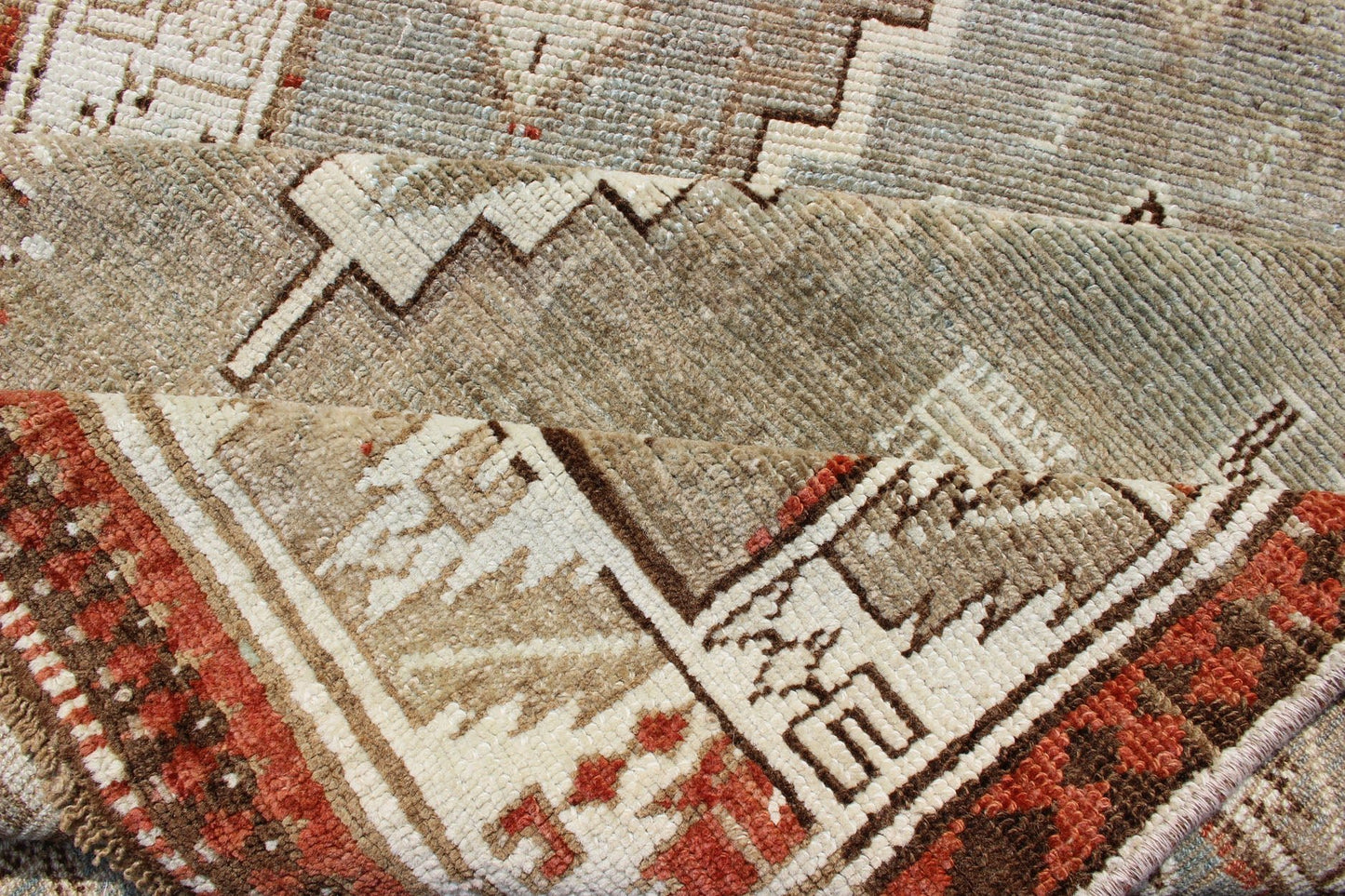 Kurdish Antique Runner with Tribal Design in Light Green, Taupe & Orange - Red Antique Kurdish runner antique with tribal geometric medallions in soft green, and orangey - red border. Traditional medallion Kurdish runner in variety of colors, rug S... - Keivan Woven ArtsSUS - 2009 - 553 - 13272Rug