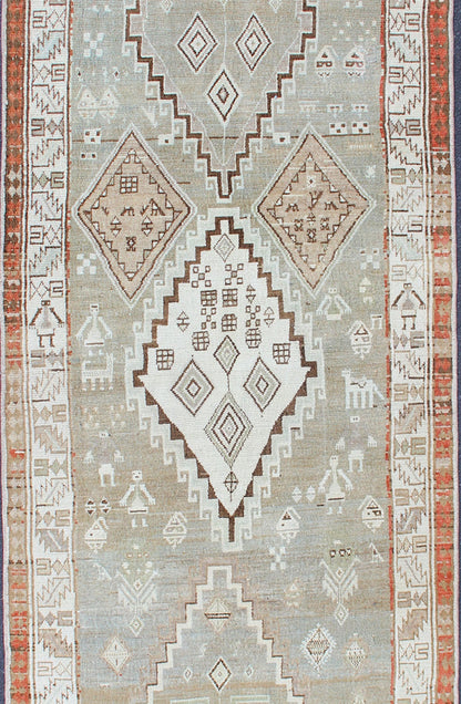 Kurdish Antique Runner with Tribal Design in Light Green, Taupe & Orange - Red Antique Kurdish runner antique with tribal geometric medallions in soft green, and orangey - red border. Traditional medallion Kurdish runner in variety of colors, rug S... - Keivan Woven ArtsSUS - 2009 - 553 - 13272Rug