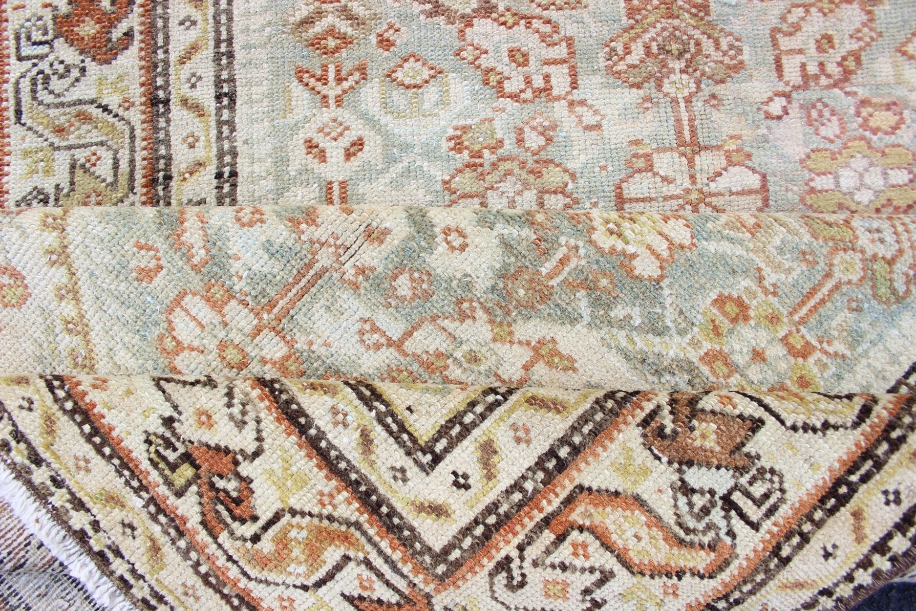 Antique Persian Malayer Runner With Geometric All - Over Design With Light Blue Background. Antique Persian Malayer runner with geometric all - over design in light blue. Blue, coral and peach. Malayer antique rug from Persia with geometric motifs.... - Keivan Woven ArtsSUS - 2009 - 617 - 13162