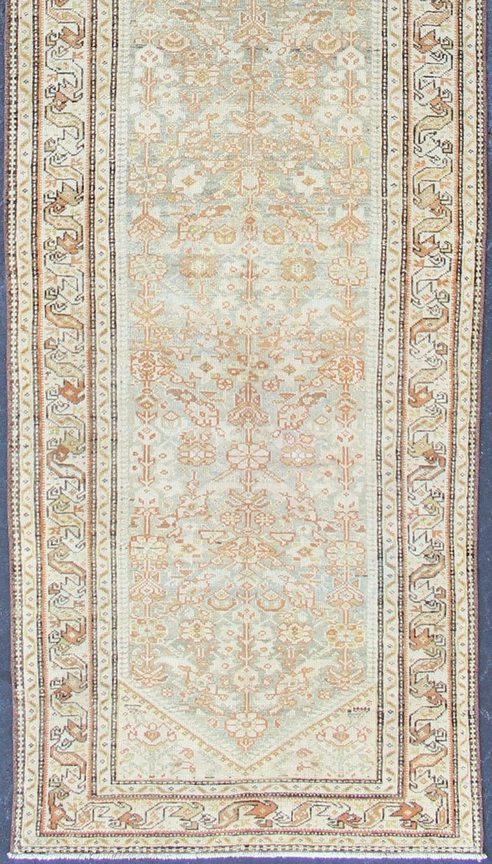 Antique Persian Malayer Runner With Geometric All - Over Design With Light Blue Background. Antique Persian Malayer runner with geometric all - over design in light blue. Blue, coral and peach. Malayer antique rug from Persia with geometric motifs.... - Keivan Woven ArtsSUS - 2009 - 617 - 13162