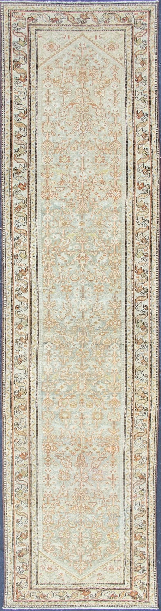 Antique Persian Malayer Runner With Geometric All - Over Design With Light Blue Background. Antique Persian Malayer runner with geometric all - over design in light blue. Blue, coral and peach. Malayer antique rug from Persia with geometric motifs.... - Keivan Woven ArtsSUS - 2009 - 617 - 13162
