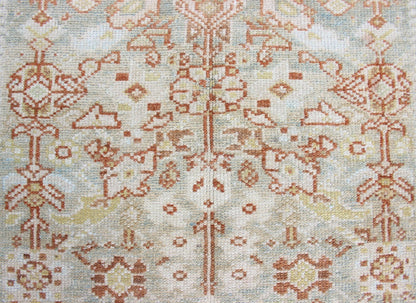 Antique Persian Malayer Runner With Geometric All - Over Design With Light Blue Background. Antique Persian Malayer runner with geometric all - over design in light blue. Blue, coral and peach. Malayer antique rug from Persia with geometric motifs.... - Keivan Woven ArtsSUS - 2009 - 617 - 13162Rug