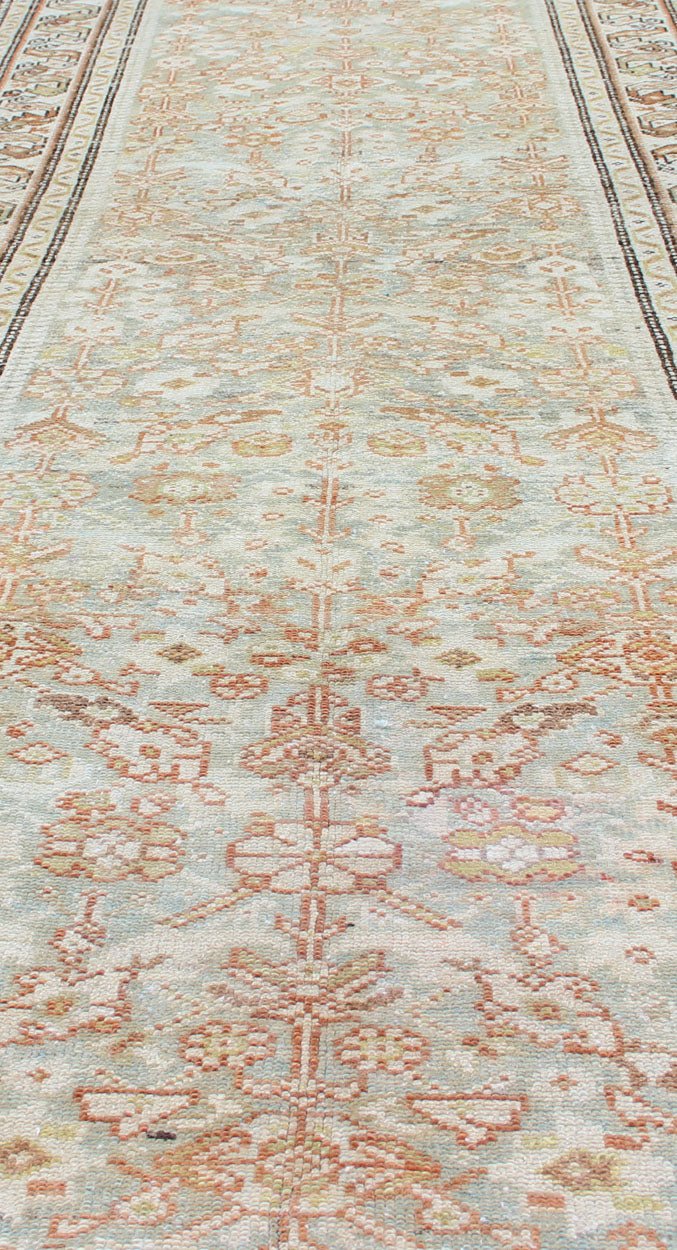 Antique Persian Malayer Runner With Geometric All - Over Design With Light Blue Background. Antique Persian Malayer runner with geometric all - over design in light blue. Blue, coral and peach. Malayer antique rug from Persia with geometric motifs.... - Keivan Woven ArtsSUS - 2009 - 617 - 13162Rug
