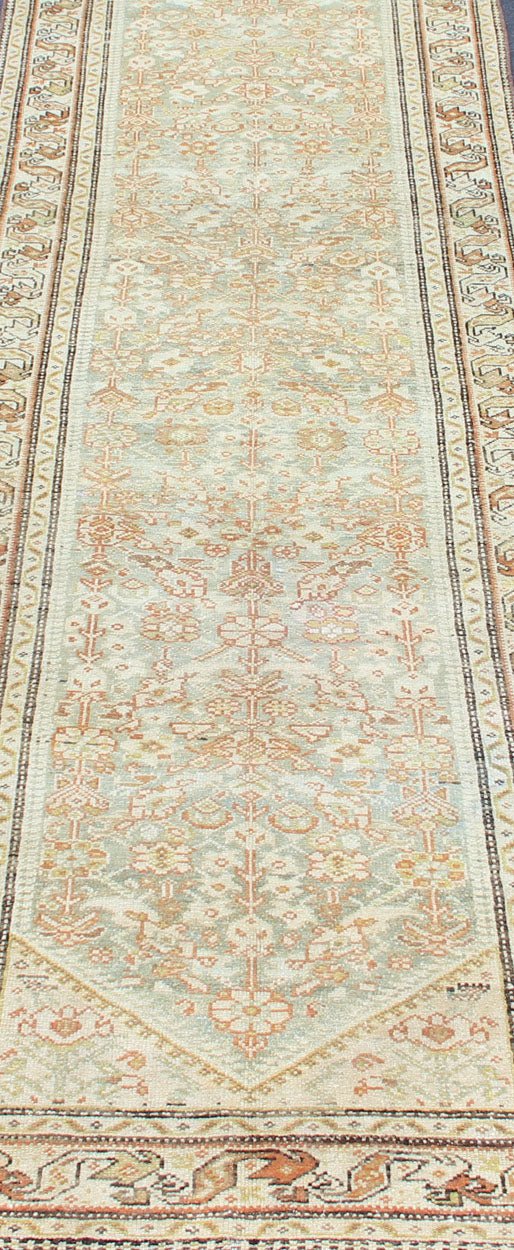 Antique Persian Malayer Runner With Geometric All - Over Design With Light Blue Background. Antique Persian Malayer runner with geometric all - over design in light blue. Blue, coral and peach. Malayer antique rug from Persia with geometric motifs.... - Keivan Woven ArtsSUS - 2009 - 617 - 13162