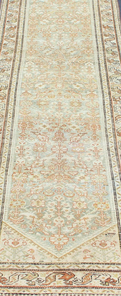 Antique Persian Malayer Runner With Geometric All - Over Design With Light Blue Background. Antique Persian Malayer runner with geometric all - over design in light blue. Blue, coral and peach. Malayer antique rug from Persia with geometric motifs.... - Keivan Woven ArtsSUS - 2009 - 617 - 13162