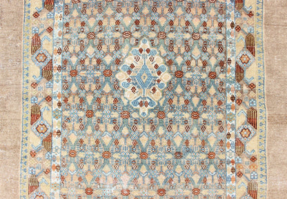 Antique Persian Camel Hair Serab Runner with Geometric Design in Light Colors. Geometric design Serab antique runner from Persia in multicolored light Tones, rug SUS - 2009 - 643, country of origin / type: Iran / Serab, circa 1900. This beautifu... - Keivan Woven ArtsSUS - 2009 - 643 - 13300Rug