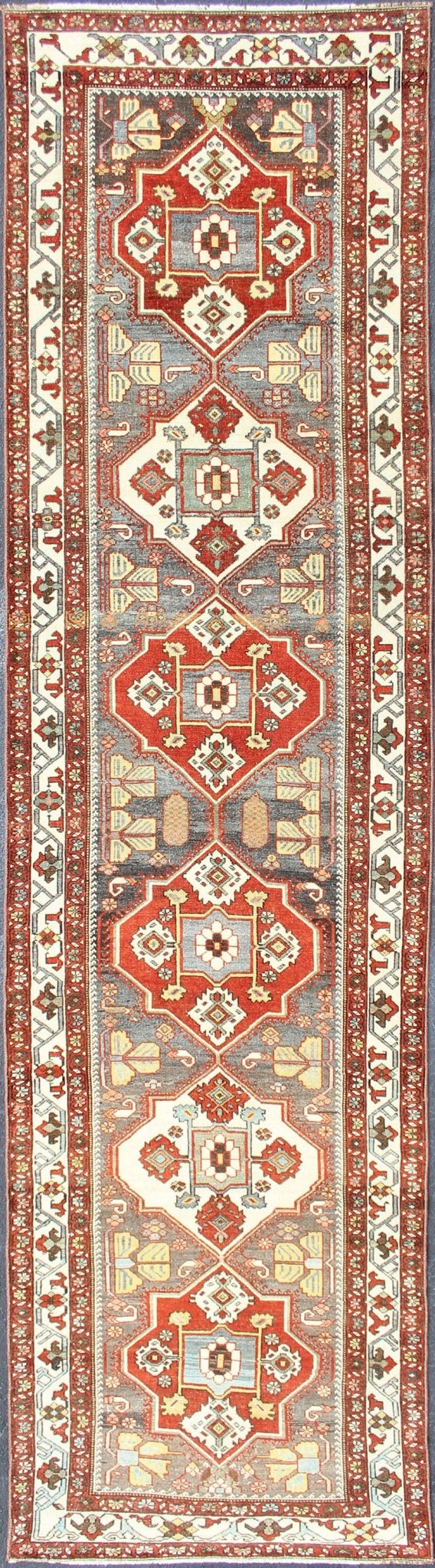 Antique Persian Bakhitari Colorful Runner in Gray, Ivory, Red & Light Green. Antique Persian Tribal Bakhitari Colorful Runner with geometric medallions in Gray, steel blue, Ivory, light green, cream yellow and Red. Keivan Woven Arts / rug SUS - 2009 - ... - Keivan Woven ArtsSUS - 2009 - 646 - 13304
