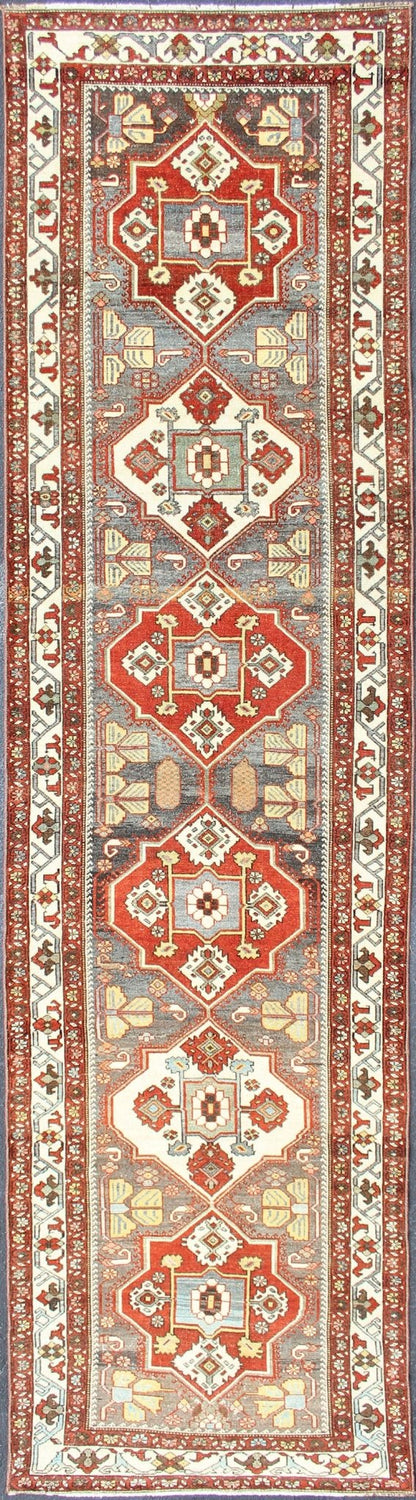 Antique Persian Bakhitari Colorful Runner in Gray, Ivory, Red & Light Green. Antique Persian Tribal Bakhitari Colorful Runner with geometric medallions in Gray, steel blue, Ivory, light green, cream yellow and Red. Keivan Woven Arts / rug SUS - 2009 - ... - Keivan Woven ArtsSUS - 2009 - 646 - 13304