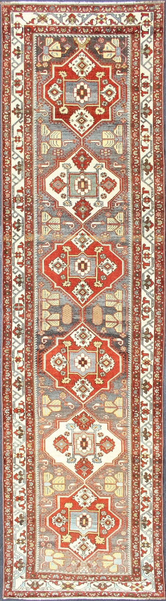 Antique Persian Bakhitari Colorful Runner in Gray, Ivory, Red & Light Green. Antique Persian Tribal Bakhitari Colorful Runner with geometric medallions in Gray, steel blue, Ivory, light green, cream yellow and Red. Keivan Woven Arts / rug SUS - 2009 - ... - Keivan Woven ArtsSUS - 2009 - 646 - 13304