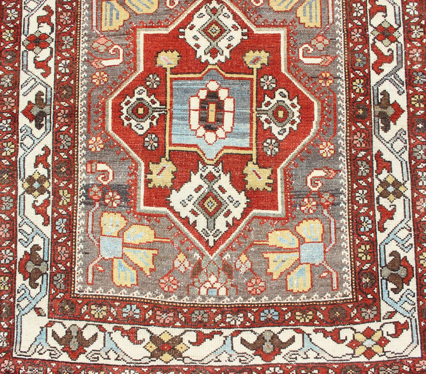 Antique Persian Bakhitari Colorful Runner in Gray, Ivory, Red & Light Green. Antique Persian Tribal Bakhitari Colorful Runner with geometric medallions in Gray, steel blue, Ivory, light green, cream yellow and Red. Keivan Woven Arts / rug SUS - 2009 - ... - Keivan Woven ArtsSUS - 2009 - 646 - 13304