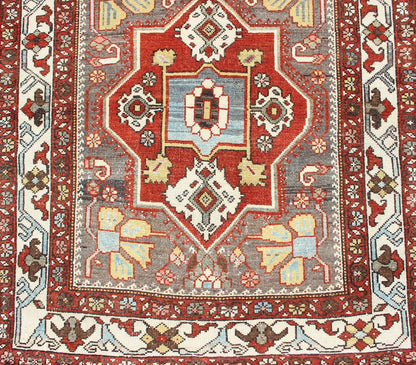Antique Persian Bakhitari Colorful Runner in Gray, Ivory, Red & Light Green. Antique Persian Tribal Bakhitari Colorful Runner with geometric medallions in Gray, steel blue, Ivory, light green, cream yellow and Red. Keivan Woven Arts / rug SUS - 2009 - ... - Keivan Woven ArtsSUS - 2009 - 646 - 13304