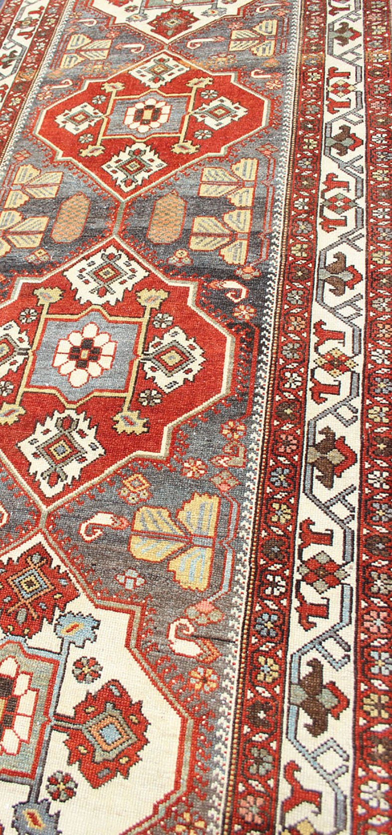 Antique Persian Bakhitari Colorful Runner in Gray, Ivory, Red & Light Green. Antique Persian Tribal Bakhitari Colorful Runner with geometric medallions in Gray, steel blue, Ivory, light green, cream yellow and Red. Keivan Woven Arts / rug SUS - 2009 - ... - Keivan Woven ArtsSUS - 2009 - 646 - 13304