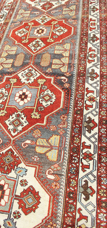 Antique Persian Bakhitari Colorful Runner in Gray, Ivory, Red & Light Green. Antique Persian Tribal Bakhitari Colorful Runner with geometric medallions in Gray, steel blue, Ivory, light green, cream yellow and Red. Keivan Woven Arts / rug SUS - 2009 - ... - Keivan Woven ArtsSUS - 2009 - 646 - 13304