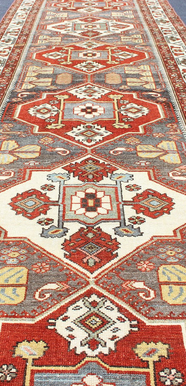 Antique Persian Bakhitari Colorful Runner in Gray, Ivory, Red & Light Green. Antique Persian Tribal Bakhitari Colorful Runner with geometric medallions in Gray, steel blue, Ivory, light green, cream yellow and Red. Keivan Woven Arts / rug SUS - 2009 - ... - Keivan Woven ArtsSUS - 2009 - 646 - 13304