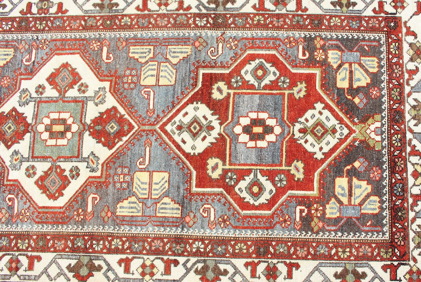 Antique Persian Bakhitari Colorful Runner in Gray, Ivory, Red & Light Green. Antique Persian Tribal Bakhitari Colorful Runner with geometric medallions in Gray, steel blue, Ivory, light green, cream yellow and Red. Keivan Woven Arts / rug SUS - 2009 - ... - Keivan Woven ArtsSUS - 2009 - 646 - 13304