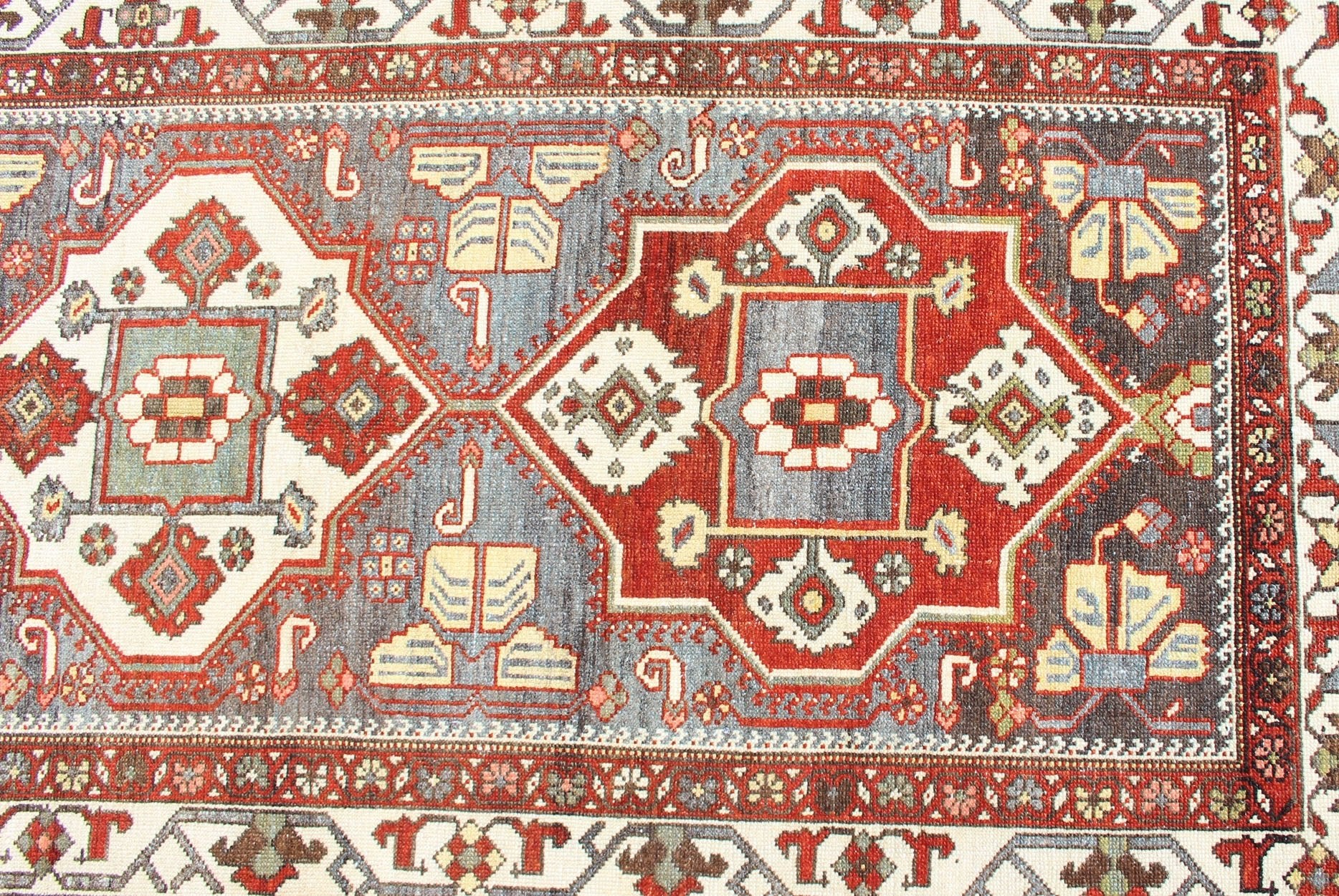Antique Persian Bakhitari Colorful Runner in Gray, Ivory, Red & Light Green. Antique Persian Tribal Bakhitari Colorful Runner with geometric medallions in Gray, steel blue, Ivory, light green, cream yellow and Red. Keivan Woven Arts / rug SUS - 2009 - ... - Keivan Woven ArtsSUS - 2009 - 646 - 13304