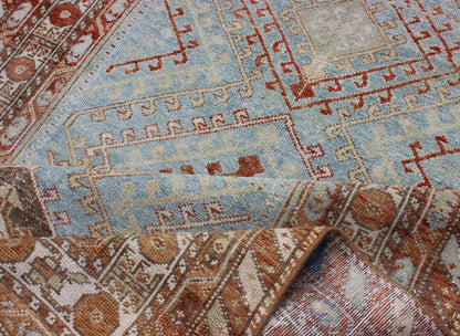 Light Blue and Soft Range Antique Persian Malayer Runner with Geometric Motifs Tribal design Persian antique Malayer runner in blue, red, orange, rug SUS - 2009 - 658, country of origin / type: Iran / Mahal, circa 1920 This antique Persian Ma... - Keivan Woven ArtsSUS - 2009 - 658 - 13314