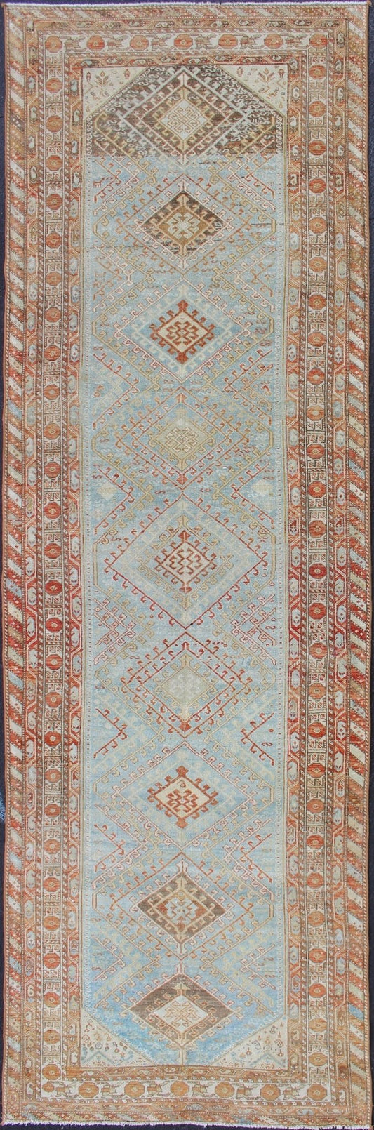 Light Blue and Soft Range Antique Persian Malayer Runner with Geometric Motifs Tribal design Persian antique Malayer runner in blue, red, orange, rug SUS - 2009 - 658, country of origin / type: Iran / Mahal, circa 1920 This antique Persian Ma... - Keivan Woven ArtsSUS - 2009 - 658 - 13314