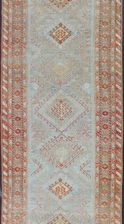 Light Blue and Soft Range Antique Persian Malayer Runner with Geometric Motifs Tribal design Persian antique Malayer runner in blue, red, orange, rug SUS - 2009 - 658, country of origin / type: Iran / Mahal, circa 1920 This antique Persian Ma... - Keivan Woven ArtsSUS - 2009 - 658 - 13314