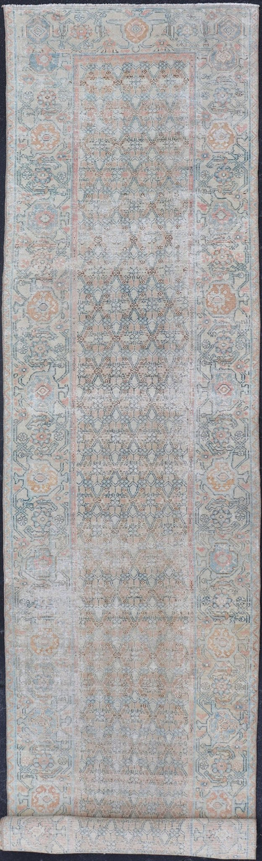 Fine Persian Malayer Runner in Soft Tones of Blue, Salmon, Pink, Peach & Orange Long Persian Malayer runner with small pattern in all - over design. Fine Persian Malayer Runner in soft tones of blue, salmon, pink, peach and orange and earthy tones... - Keivan Woven ArtsSUS - 2012 - 1075 - 14314